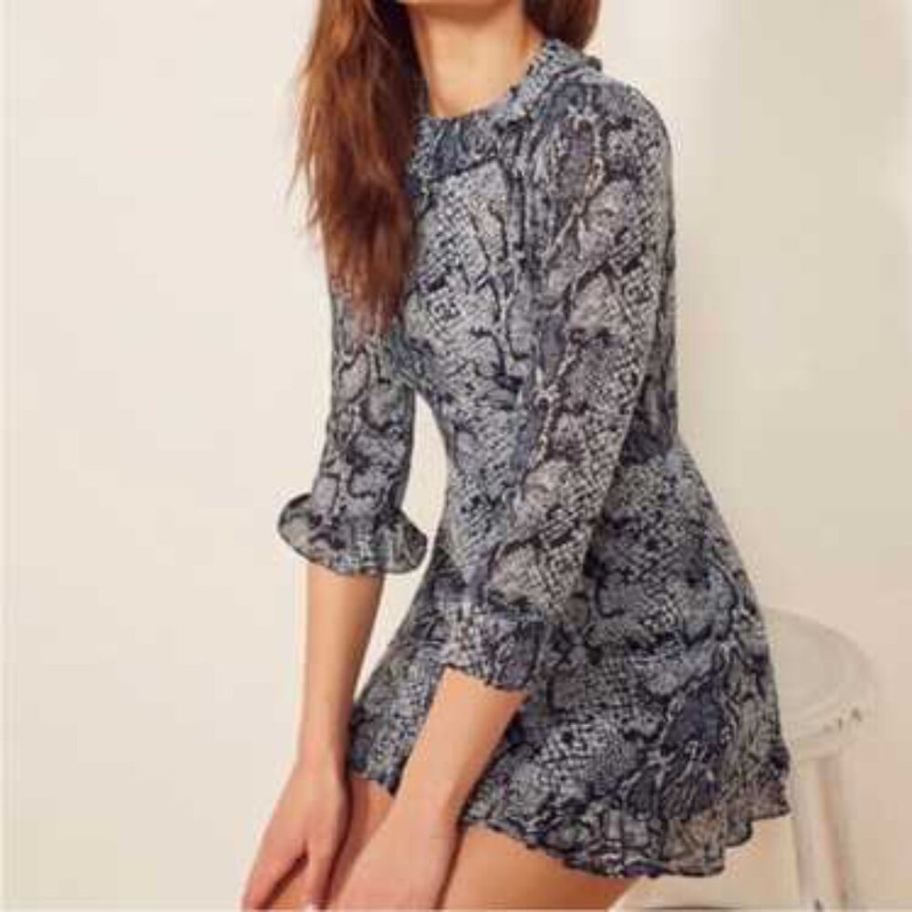Reformation Black and White Snake Print Mini Dress